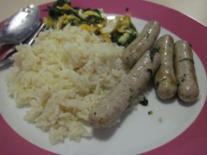 Rice, Sausages, Egg, and Spinach