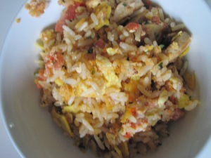 Rice, Egg, Sausages, Tomatoes, Chips
